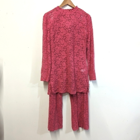 Open Edit Lace Mesh Tunic Pajama Set Pink Rapture L sheer Stretch Layering Top - Picture 3 of 15